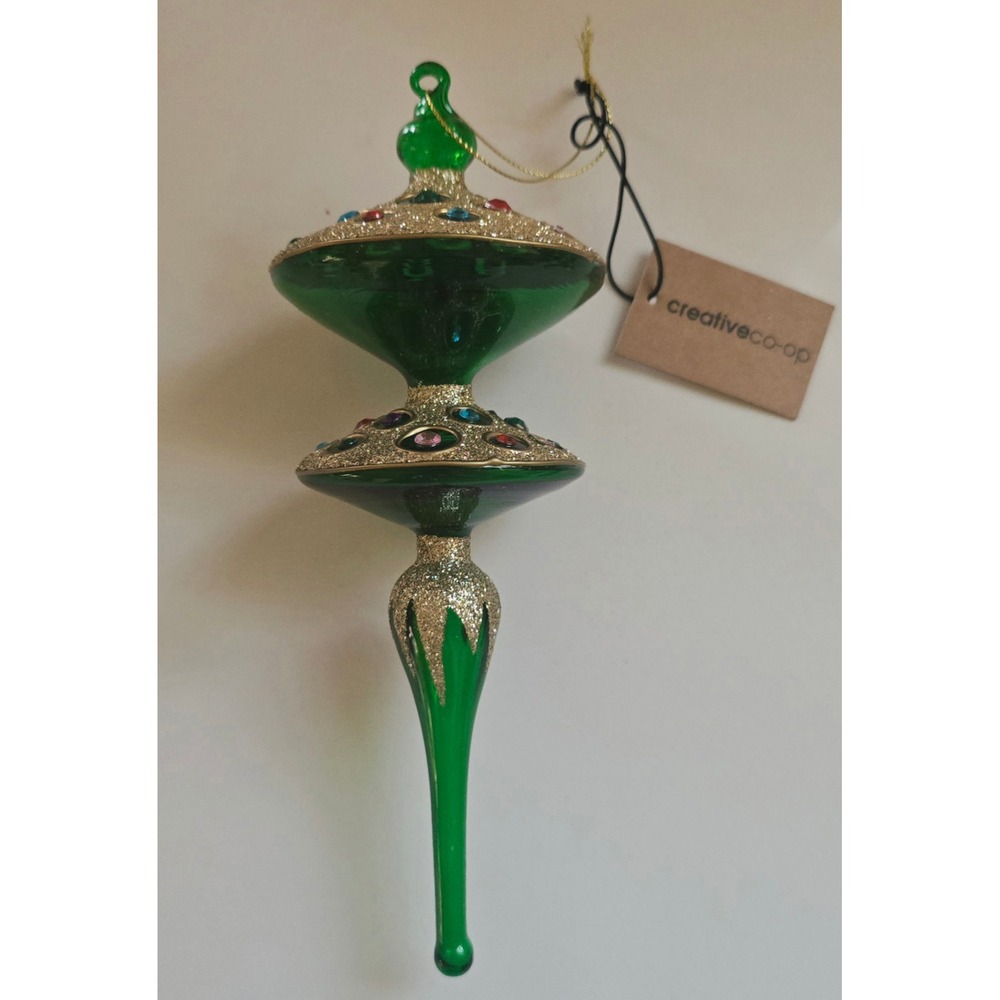 Creative Co-Op Green Glass Finial Ornament Gold Glitter Rhinestone Christmas NEW